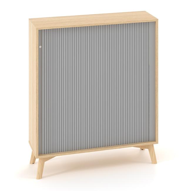 [IR100090] ALFA ROOT Regal, Lamellentüren RAL 9010, 2 Regalböden, 100 x 45 x 121,5 cm, Eiche