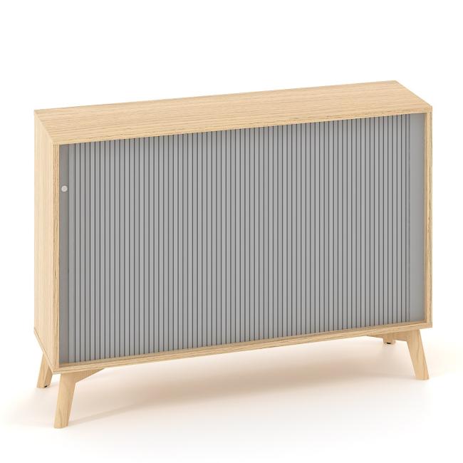 ALFA ROOT Regal mit Trennwand, Lamellentüren RAL 9010, 1 Einlegeboden, 120 x 45 x 88,7 cm, Eiche