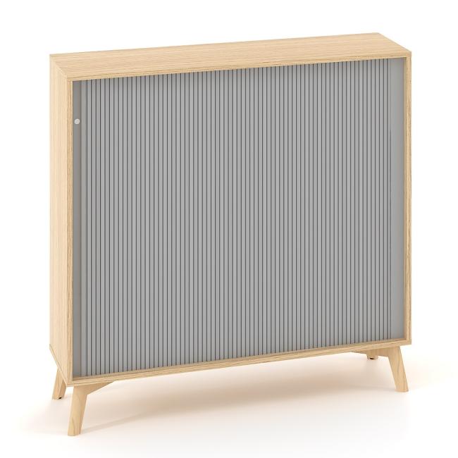 ALFA ROOT Regal mit Trennwand, Lamellentüren RAL 9010, 2 Einlegeböden, 120 x 45 x 121,5 cm, Eiche