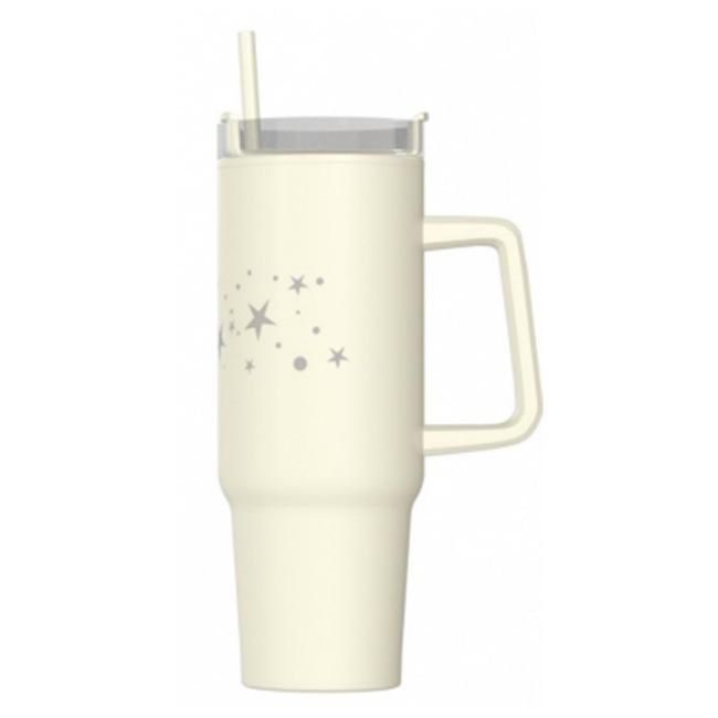 Doppelwandiger, beigefarbener Thermosbecher mit Strohhalm, personalisiert, 900 ml