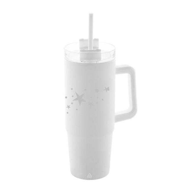[XM814801] Doppelwandiger, weißer, personalisierter Thermosbecher mit Strohhalm, 900 ml