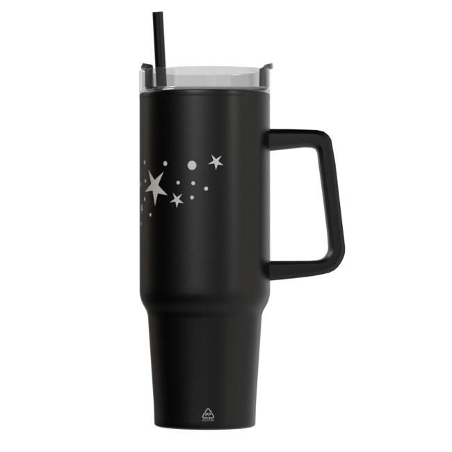 Doppelwandiger, schwarzer, personalisierter Thermosbecher mit Strohhalm, 900 ml