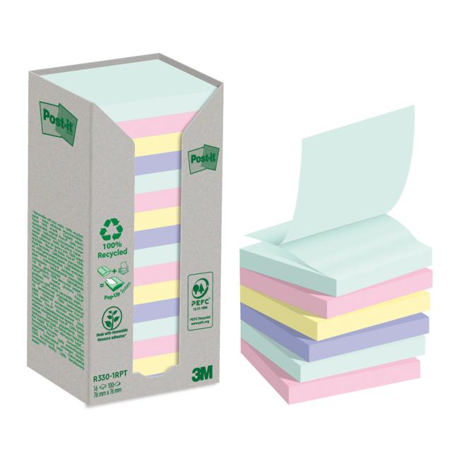 [MM033078] Selbstklebende Z-Notes Post-it® aus Recyclingmaterial, Natur, 76 x 76 mm, Regenbogenfarben, 16 x 100 Blatt
