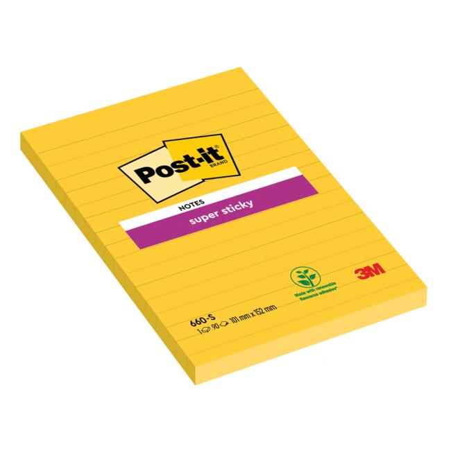 Post-it® Super Sticky Haftnotiz, selbstklebend, 102 x 152 mm, gelb, liniert