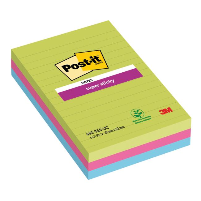 [MM066020] Post-it® Super Sticky Notizblock 101 mm x 152 mm XXL, Regenbogenfarben, liniert, 3 Blöcke à 90 Blatt