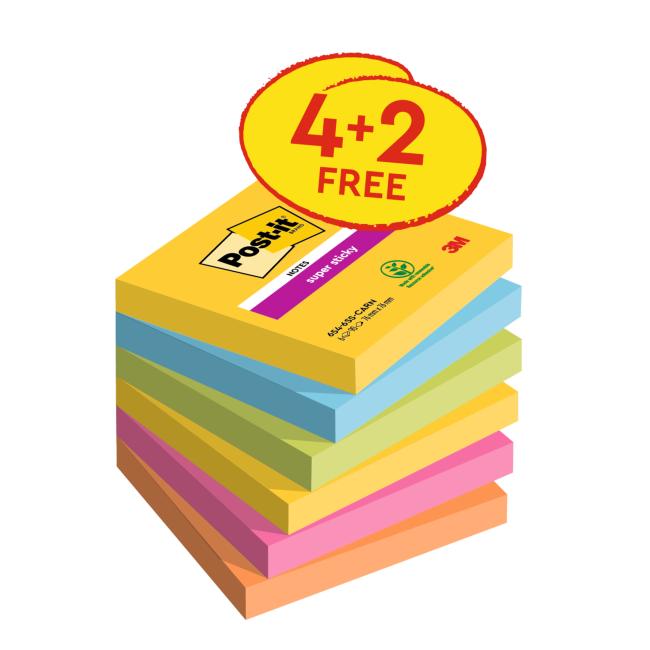 Post-it Carnival Haftnotizen 76x76 mm, 4 + 2 gratis, 90 Stück pro Notiz