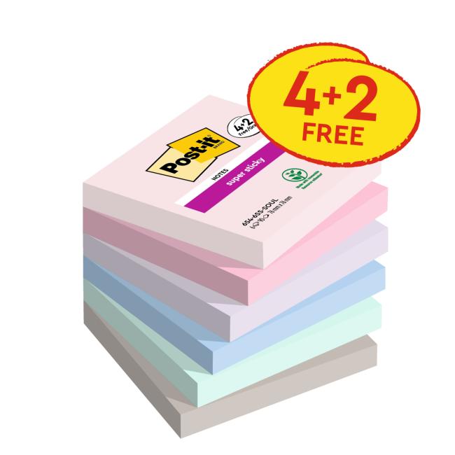 Post-it® Soulful 76x76 mm, 4 + 2 gratis, 90 Blatt pro Block
