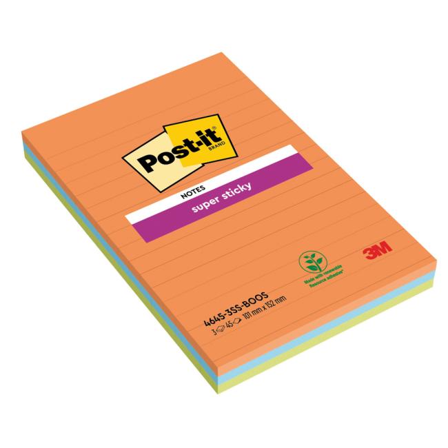 Post-it® Super Sticky BOOST Haftnotizen, liniert, 101 mm x 152 mm, 45 µm, 3 Stück