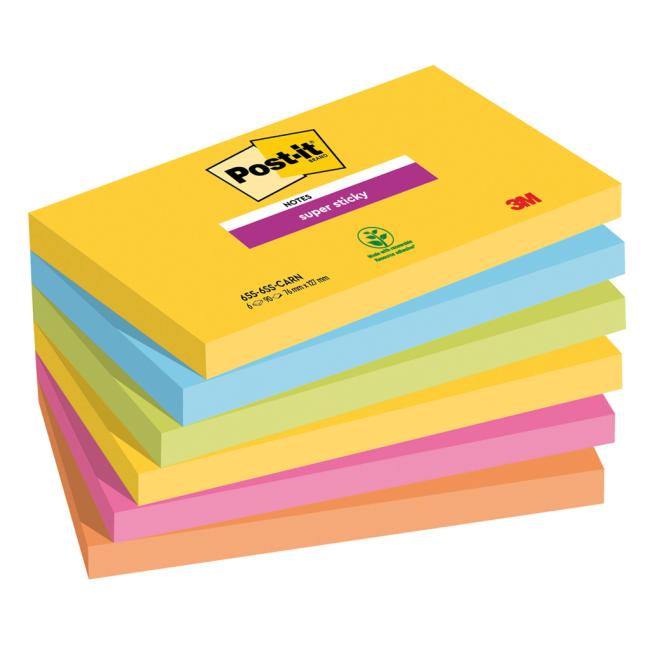Post-it® Super Sticky CARNIVAL Haftnotizen, selbstklebend, Größe 76 x 127 mm, 6 Packungen à 90 Stück