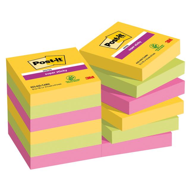 Post-it® Super Sticky CARNIVAL Haftnotizen, selbstklebend, Größe 47,6 x 47,6 mm, 12 Stück à 90 Stück