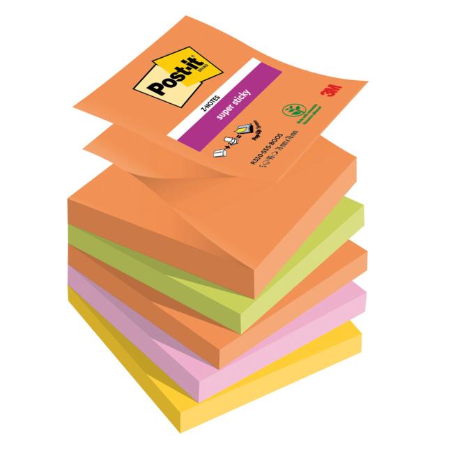 Post-it® Super Sticky BOOST selbstklebende Z-Haftnotizen, Größe 76 x 76 mm, 5 Blöcke à 90 Blatt