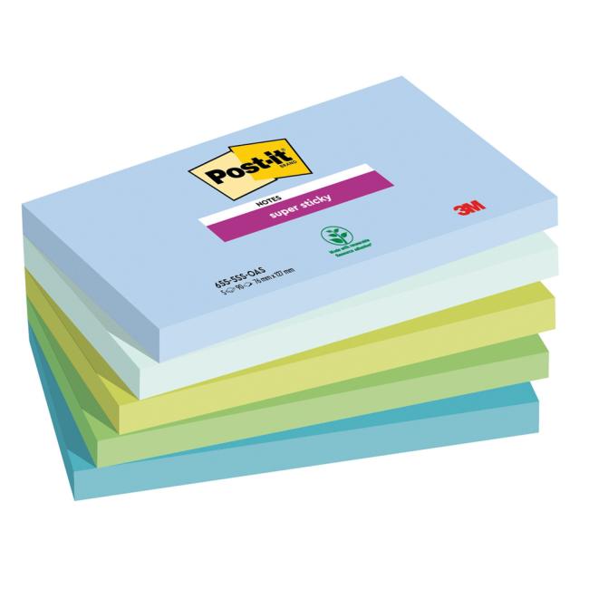 Post-it® Super Sticky OASIS Haftnotizen, selbstklebend, Größe 76 x 127 mm, 5 Blöcke à 90 Haftnotizen