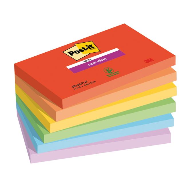 Post-it Super Sticky PLAYFUL selbstklebende Haftnotizen, Größe 76 x 127 mm, 6 Notizzettel mit je 90 Notizen