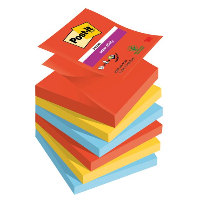 Post-it® Super Sticky PLAYFUL selbstklebende Z-Haftnotizen, Größe 76 x 76 mm, 6 Blöcke à 90 Blatt