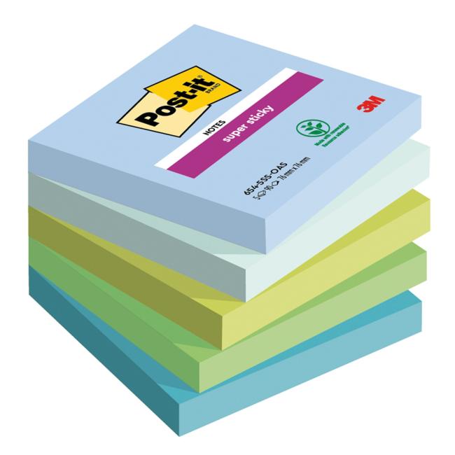 Post-it® Super Sticky OASIS Haftnotizen, selbstklebend, Größe 76 x 76 mm, 5 Blöcke à 90 Blatt