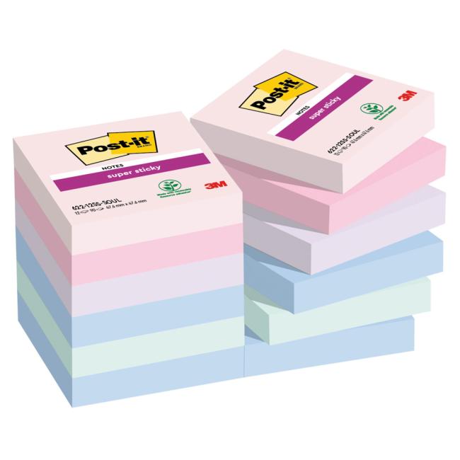 Post-it® Super Sticky SOULFUL Haftnotizen, selbstklebend, Größe 47,6 x 47,6 mm, 12 Stück à 90 Blatt