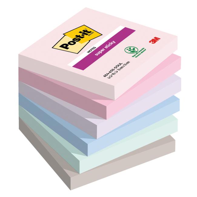 Post-it Super Sticky SOULFUL Haftnotizen, selbstklebend, Größe 76 x 76 mm, 6 Stück à 90 Notizen