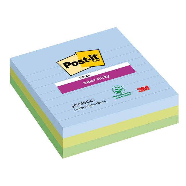 Post-it® Super Sticky OASIS Haftnotizen, Größe 101 x 101 mm XL, liniert, 3 Blöcke à 70 Blatt
