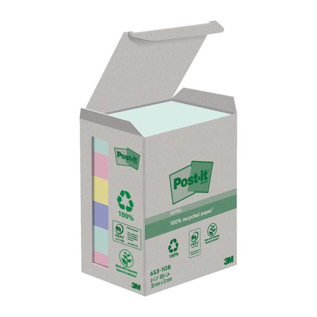 Post-it® Natur-Notizblock aus Recyclingmaterial, selbstklebend, Pastellfarben, Größe 38 x 51 mm, 6 Blöcke à 100 Blatt