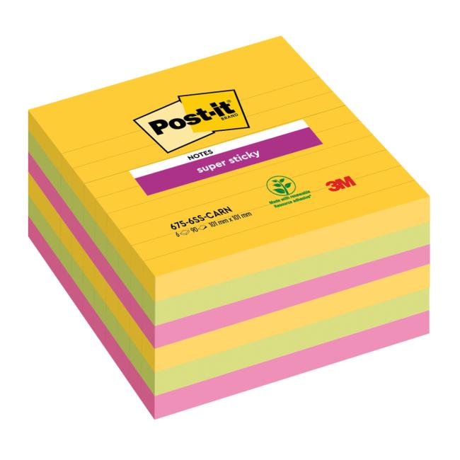 Post-it® Super Sticky CARNIVAL Haftnotizen, selbstklebend, Größe 101 x 101 mm, 6 Packungen à 90 Stück