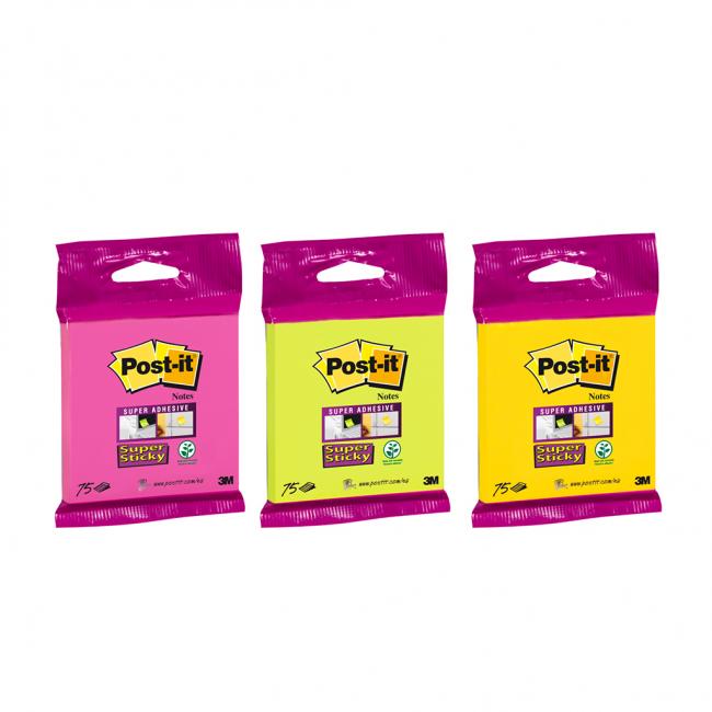 Post-it® Super Sticky Haftnotizzettel, selbstklebend, 76 x 76 mm, 75 Stück, Farbmix aus Gelb, Grün und Fuchsia