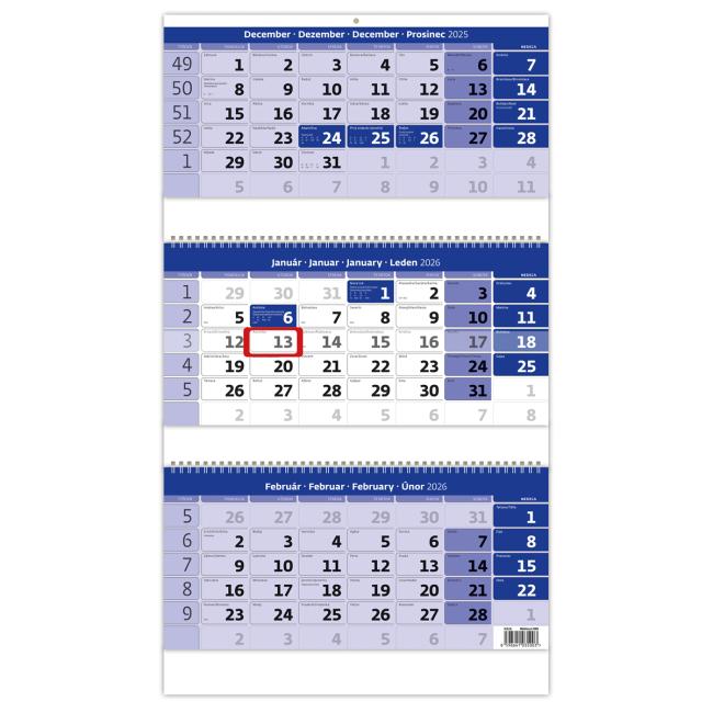 [N324] Wandkalender, 3 Monate, blau, Spiralbindung, 31,5 x 55,5 cm, 2026