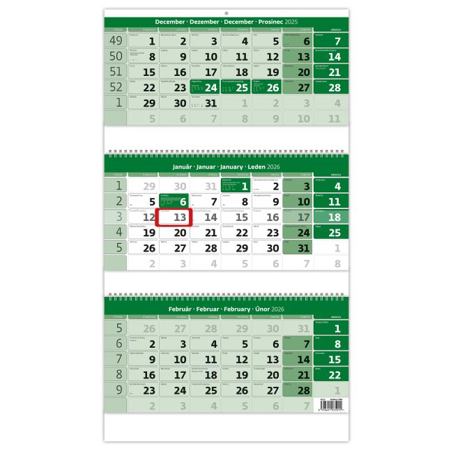 Wandkalender, 3 Monate, grün, mit Spiralbindung, 31,5 x 55,5 cm, 2026