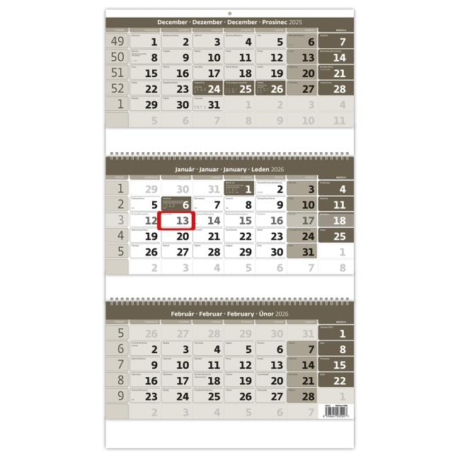 Wandkalender, 3 Monate, grau, Spirale, 31,5 x 55,5 cm, 2026