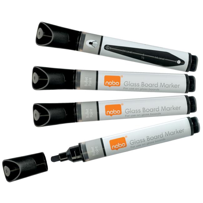 Nobo Glas-Whiteboardmarker, runde Spitze, 4er-Pack, Schwarz
