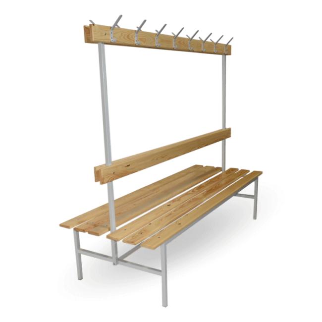 Doppelseitige Garderobenbank mit Rückenlehne und Kleiderbügeln, H 160 x B 150 x T 69 cm, RAL 7035 Grau, Buchenholz