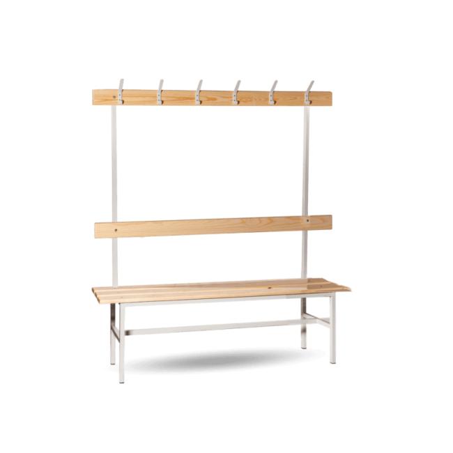Garderobenbank, einseitig, mit Rückenlehne und Kleiderhaken, H 160 x B 150 x T 33 cm, RAL 7035 Grau, Buchenholz