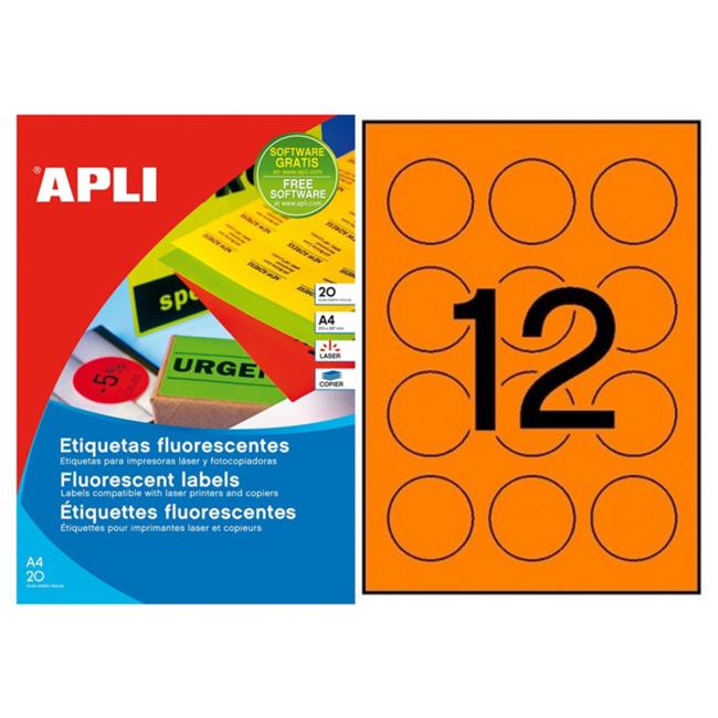 Runde farbige Etiketten, Durchmesser 60 mm, APLI A4, 20 Blatt, fluoreszierend orange