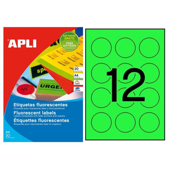 [AG002869] Runde farbige Etiketten, Durchmesser 60 mm, APLI A4, 20 Blatt, fluoreszierend grün