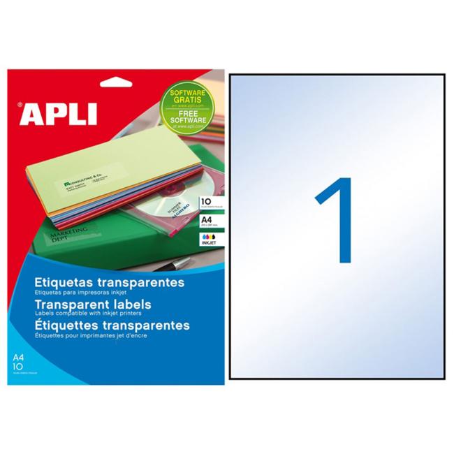 Polyesteretiketten, transparent, 210 x 297 mm, APLI A4, Inkjet, 10 Blatt