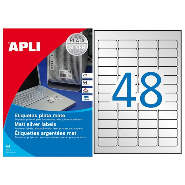 [AG010066] Polyesteretiketten 45,7 x 21,2 mm APLI A4 20 Blatt silber