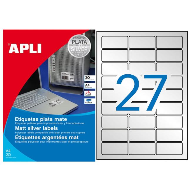 [AG010070] Polyesteretiketten 63,5 x 29,6 mm APLI A4 20 Blatt silber