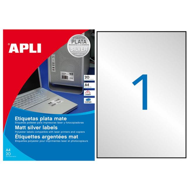 [AG010071] Polyesteretiketten 210 x 297 mm, APLI A4, 20 Blatt, silber