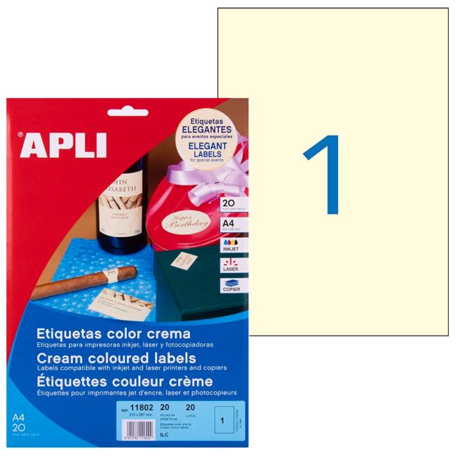 [AG011802] Farbige Etiketten 210 x 297 mm APLI A4 20 Blatt creme