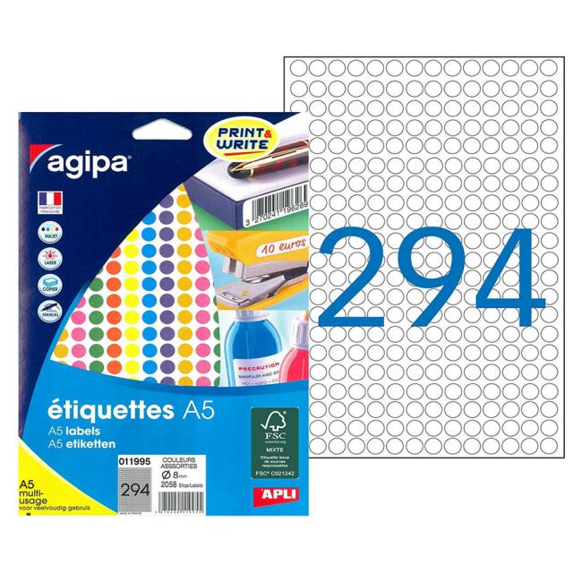 [AG011995] Runde Etiketten 8 mm, Agipa A5, 7 Farben