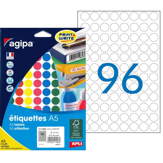[AG011996] Runde Etiketten 15 mm, Agipa A5, 5 Farben