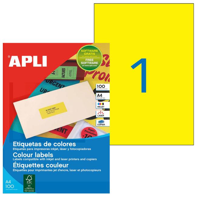 [AG100754] Farbige Etiketten 210 x 297 mm APLI A4 100 Blatt fluoreszierend gelb