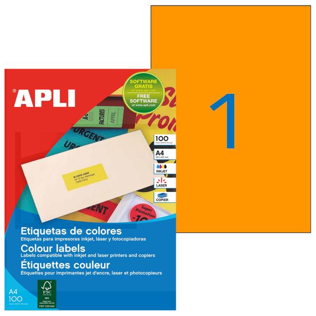 [AG100755] Farbige Etiketten 210 x 297 mm APLI A4 100 Blatt fluoreszierendes Orange
