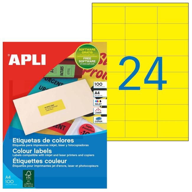 [AG100764] Farbige Etiketten 70x35mm APLI A4 100 Blatt fluoreszierend gelb