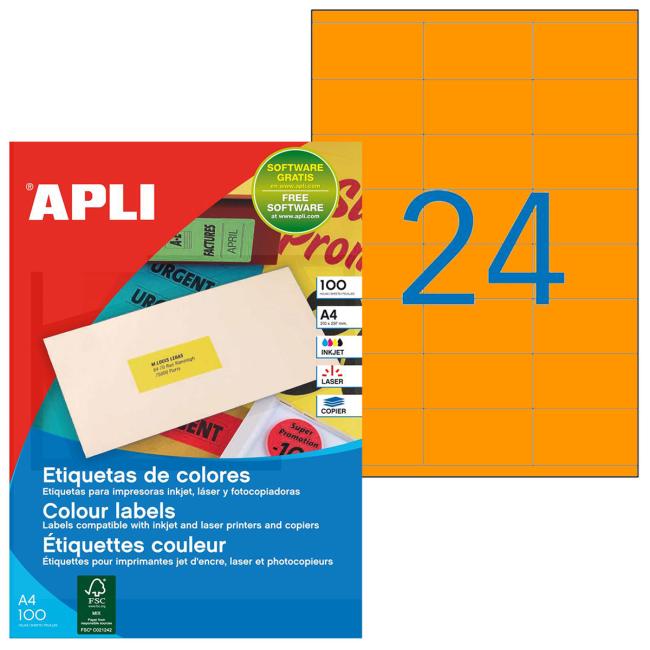 [AG100765] Farbige Etiketten 70x35mm APLI A4 100 Blatt fluoreszierendes Orange
