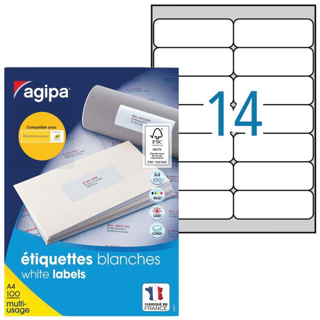Universal-Etiketten 99,1 x 38,1 mm, Agipa A4, 100 Blatt