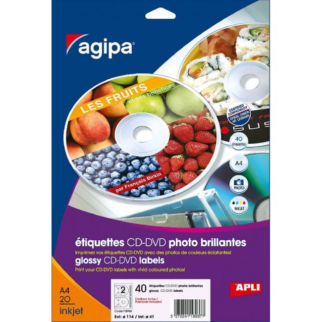 Universal-Etiketten für CD/DVD-Durchmesser 114 mm, Agipa, 100 Blatt