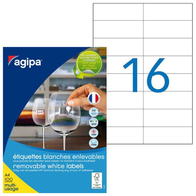[AG101164] Universelle, ablösbare Etiketten 105 x 37 mm, Agipa A4, 100 Blatt