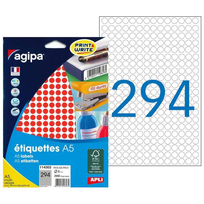 [AG114303] Runde Etiketten 8 mm Agipa A5 rot