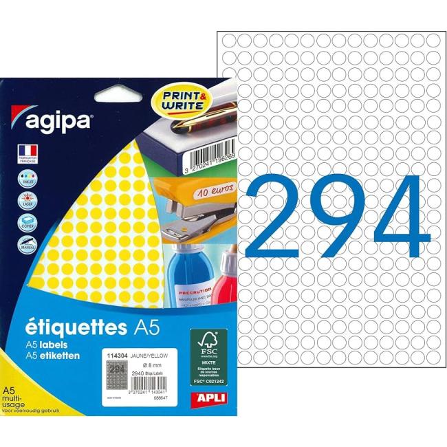 Runde Etiketten 8 mm Agipa A5 gelb