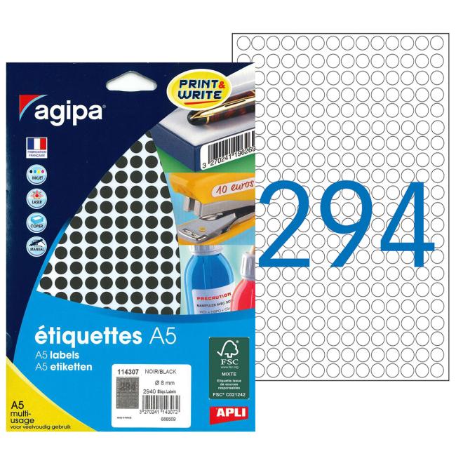 Runde Etiketten 8 mm Agipa A5 schwarz